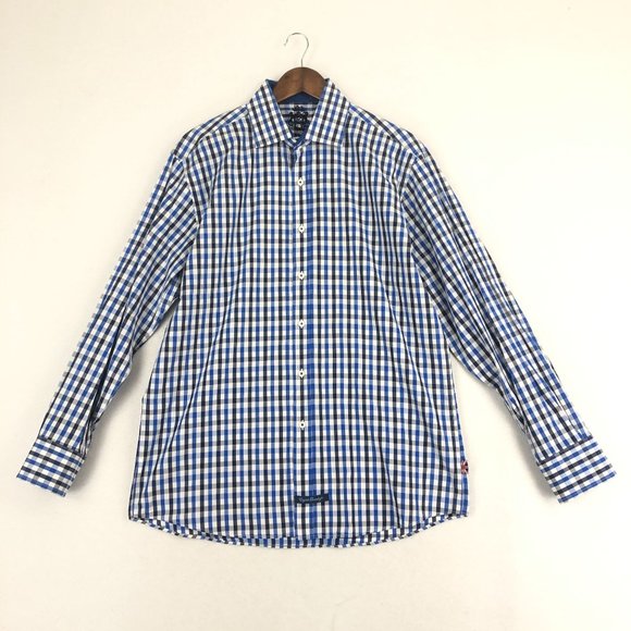 English Laundry Men's Size 16.5 (34/35) Blue White Checkered Button Down Shirt - Picture 1 of 11